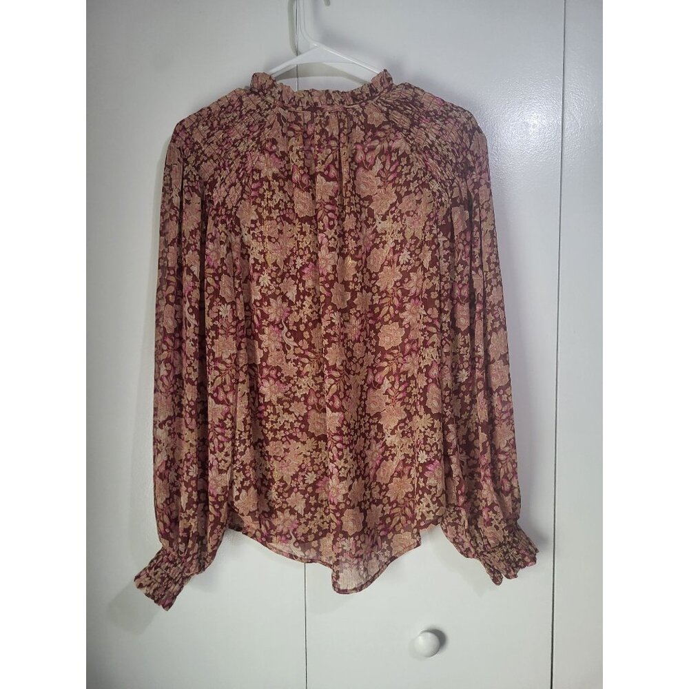joie women's LG Semi Sheer Floral Metallic Fleck Smock Blouse Top Boho Whimsy - Picture 2 of 9